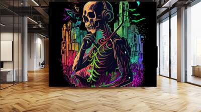 Colorful scull in headphones. Generative AI. Wall mural