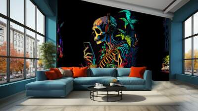 Colorful scull in headphones. Generative AI. Wall mural