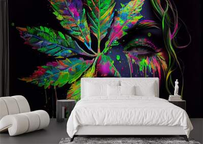 Face with hemp leaf. AI generative. Wall mural