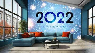 Fogged glass 2022 sign on bokeh snowflakes background. Wall mural