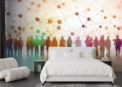 Group of walking people silhouettes and communication network concept. Social mesh. AI generative illustration. Wall mural