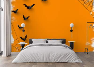 Half tone orange Halloween background with spider and bats. Wall mural