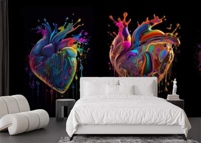 Heart symbol with multicolored liquid paints. AI generative. Wall mural