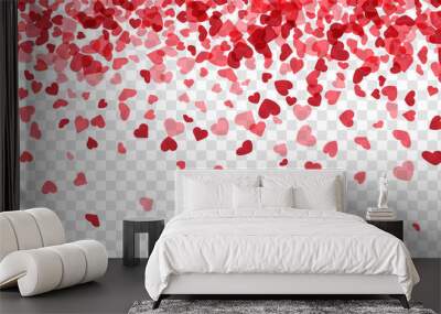 Love valentine's background with pink falling hearts over transparent grid. Wall mural