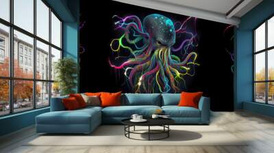 Multicolored kraken or an octopus monster on black background. AI generative. Wall mural