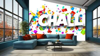 New challenge sign over colorful cut ribbon confetti background. Wall mural