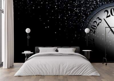 New Year 2024 countdown clock over silver and blue stars on black background. Wall mural