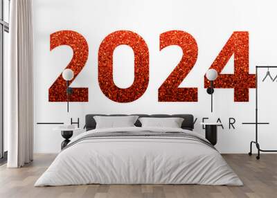 Red 2024 Happy New Year glittering lettering sign. Art banner, poster template, flyer design. Wall mural