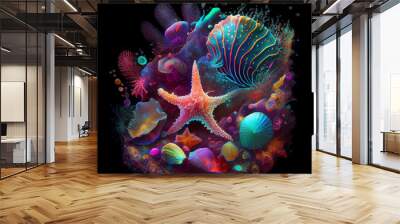 Sea life, underwater, corals, starfish. AI generative. Wall mural