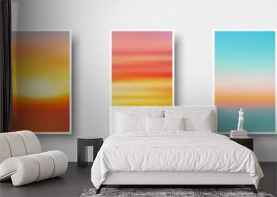 Set of colorful paper sunset and sunrise sea cards. Abstract blurred textured gradient mesh color backgrounds. Wall mural