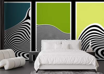 Set of retro ecology banner designs with wavy contrast stripes and optical interference effect. Illusion of movement for poster, flier, invitation, cover, placard. Wall mural