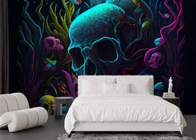 Skull on sea bottom among seaweed. AI generative. Wall mural