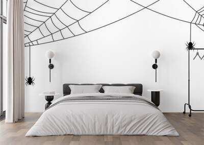 White Halloween banner with spiderweb and spiders. Wall mural