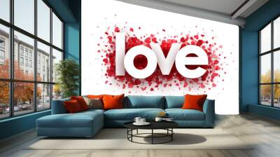 White paper love sign over hearts confetti background. Wall mural