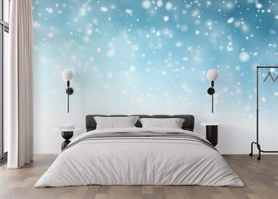 Winter blue horizontal background with white defocused snowflakes. Wall mural