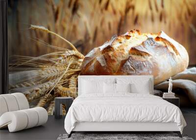 A beautifully baked loaf of rustic bread on a wooden board surrounded by wheat stalks. Wall mural