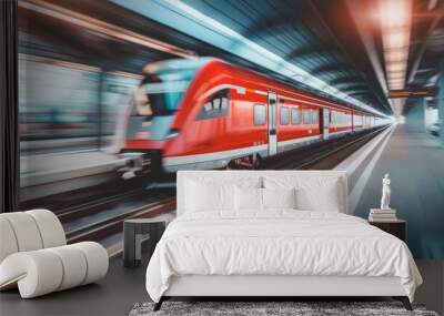 A bright red train rushes through a modern station, captured with a motion blur effect that emphasizes its speed and energy. Wall mural