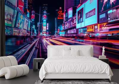 A bustling city street at night, illuminated by vibrant neon lights and speeding car trails, captures the energy and excitement of urban nightlife. Wall mural