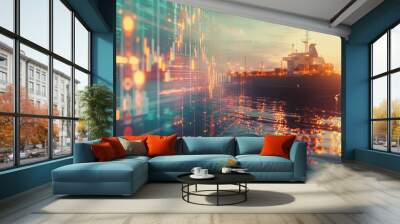 A cargo ship bathed in sunset light, with superimposed digital data, reflecting the intersection of technology and global maritime trade. Wall mural