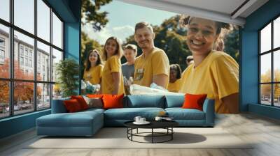 A cheerful group of volunteers in yellow shirts enjoying outdoor activities and community service on a sunny day. Wall mural