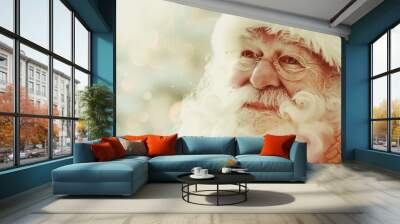 A cheerful Santa Claus with twinkling eyes and a fluffy white beard smiles warmly, evoking the joy and magic of the Christmas season. Wall mural