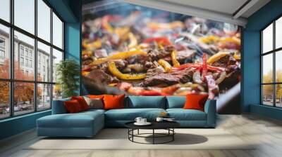 A close-up of a sizzling tray filled with juicy, colorful roasted vegetables, and meat, with steam rising, capturing the essence of a hot, delicious meal. Wall mural