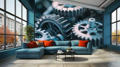 A close-up of interlocking metal gears, highlighting their intricate design and the precision engineering of machinery, evoking a sense of industrial beauty. Wall mural