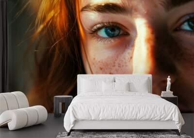 A close-up portrait of a young person with striking blue eyes and freckles, framed by auburn hair, captured in soft natural light. Wall mural