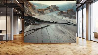 A cracked and damaged mountain road stretches into the distance, surrounded by rugged terrain and a dramatic sky. Wall mural