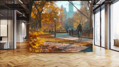 A cyclist rides through a picturesque park with golden autumn leaves blanketing the ground, city skyscrapers in the backdrop. Wall mural