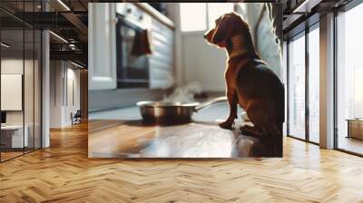 A dachshund sits attentively in a sunlit kitchen, eyes fixed on a steamy pan on the floor, capturing a moment of domestic curiosity and warmth. Wall mural