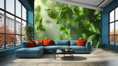 A delicate array of green basil leaves floating gently through the air, coated in glistening dew, illuminated by soft natural light. Wall mural