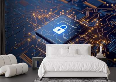 A digital circuit board with a central lock icon is lit up, symbolizing cybersecurity and the importance of digital protection. Wall mural