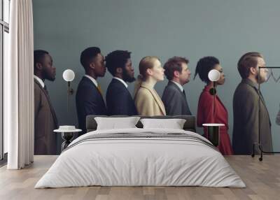 A diverse group of professionals stand in a line against a minimalist background, exuding unity and diversity. Wall mural