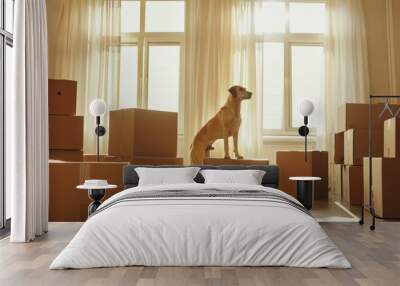 A dog stands proudly atop a stack of moving boxes in a sunlit room, illustrating the theme of new beginnings and transitions. Wall mural