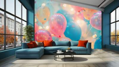 A dreamy arrangement of pastel balloons, capturing the essence of celebration and whimsicality in a soft, colorful display. Wall mural