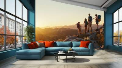 A family of four stands on a rocky outcrop, admiring a breathtaking sunrise over sprawling mountains, symbolizing togetherness and adventure. Wall mural