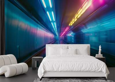 A fleeting train speeds through a neon-lit tunnel, creating a vibrant, futuristic ambiance with streaks of blue, pink, and yellow lights. Wall mural