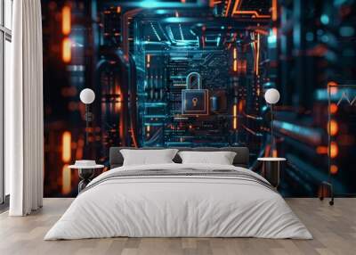 A futuristic lock system secures a complex network of glowing circuits, symbolizing high-tech security and data protection. Wall mural