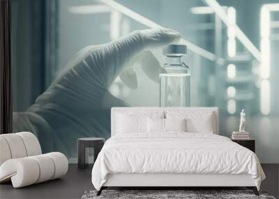 A gloved hand holds a small, clear vial in a sterile, futuristic laboratory environment, exuding precision and cleanliness. Wall mural