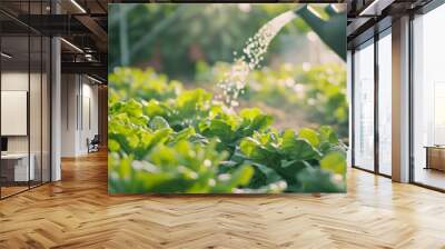 A green garden with flourishing leafy greens being carefully watered by a hand-held watering can, bathed in gentle sunlight. Wall mural