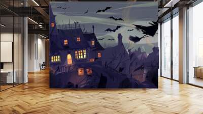 A Halloween witch flying over a dark, spooky village with bats scattered in the night sky, evoking a sense of supernatural adventure and mischief. Wall mural