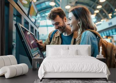 A happy young couple interacts enthusiastically with a digital kiosk in a modern, well-lit public space. Wall mural