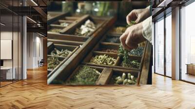 A herbalist selecting fresh ingredients from an assortment of traditional medicinal herbs. Wall mural