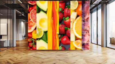 A high-contrast vertical collage of assorted fruit and vegetables, showcasing a spectrum of vibrant colors and the beauty of fresh, healthy produce. Wall mural