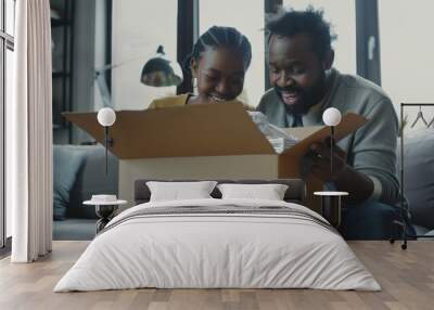 A joyful couple opens a large cardboard box with surprised expressions, illuminated by the natural light coming through the large windows behind them. Wall mural