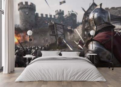 A knight clad in shining armor surveys the chaos of a medieval battlefield with a castle looming in the distance, as arrows and fire clash around. Wall mural