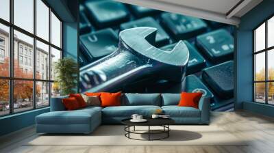 A large wrench laid across a computer keyboard, symbolizing technical support or IT maintenance in a digital world. Wall mural