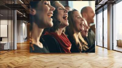 A lively group of people singing passionately, captured in mid-song, with joy and emotion reflecting on their faces. Wall mural