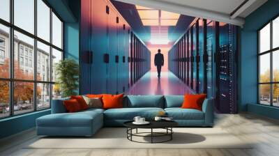 A lone figure walks through a futuristic, neon-lit server room, bathed in hues of blue and pink, conveying a sense of modernity and innovation. Wall mural